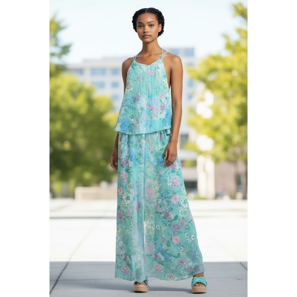 Midnight Sky Aqua Blue Floral Chiffon Popover Halter Maxi Dress Womens Small